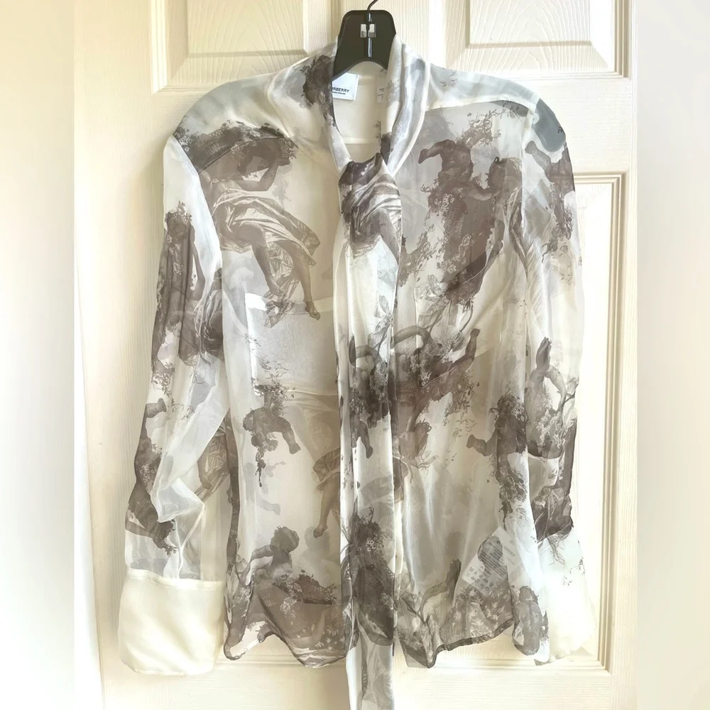 BURBERRY Amelie Bow neck Angel print Mulberry silk sheer long sleeve blouse - Picture 6 of 17